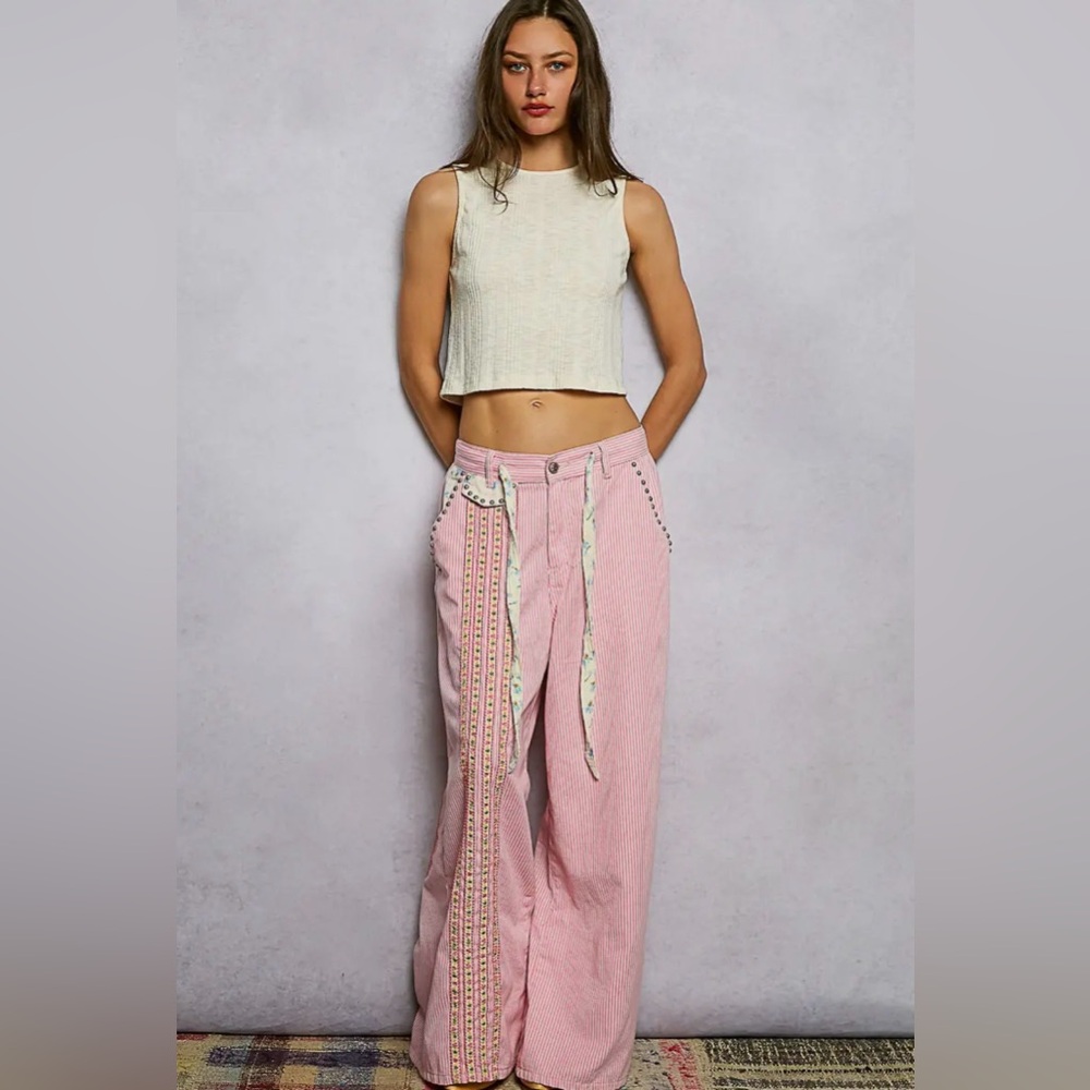 NEW Pol Double Gauze Lace Floral Trim Buckle Back Pants Drawstring Pink Stripe - Picture 8 of 12